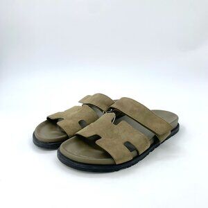 Hermès Mens Suede Leather Sandals Olive Green Slide Slip-On Footwear